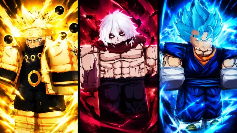 Three Beat the Anime Boss boss variants shown side by side: a golden-armored fighter, a white-haired scarred character and a blue-haired warrior — used to compare visual rarity tiers in the Beat the Anime Boss tier list